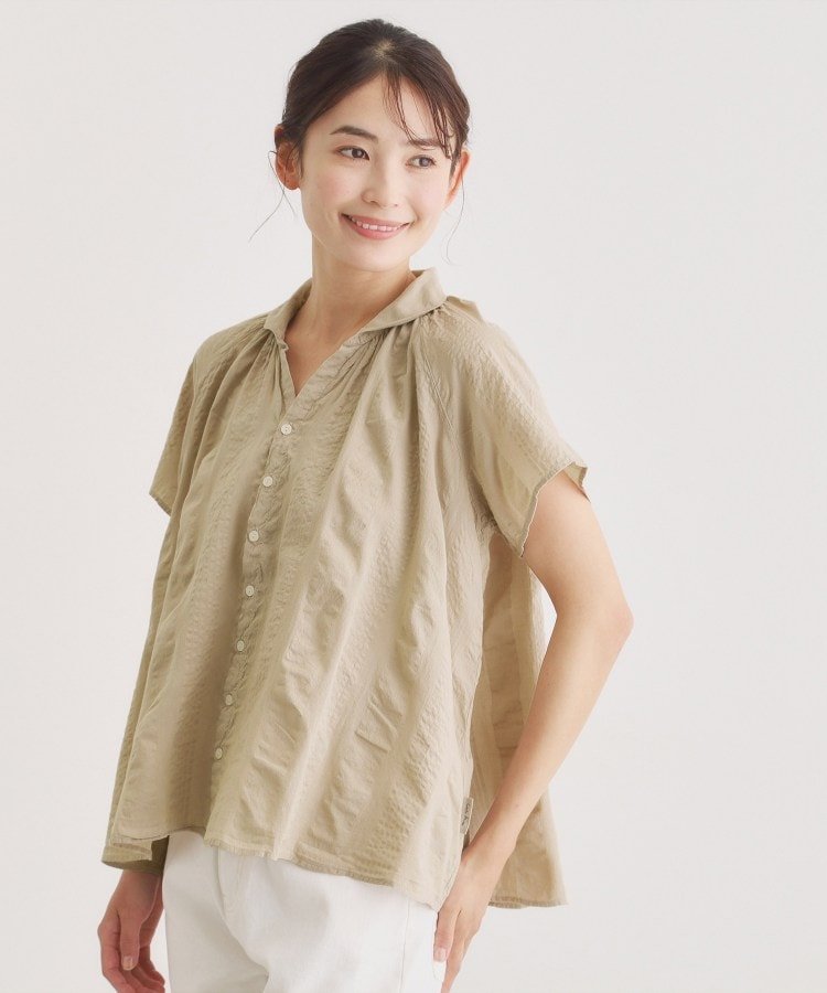 LAURA ASHLEY HOME 【日本製/ワンマイルウエア】コットンワイドストライプ ギャザーブラウス ローラ アシュレイ トップス シャツ・ブラウス オレンジ ベージュ