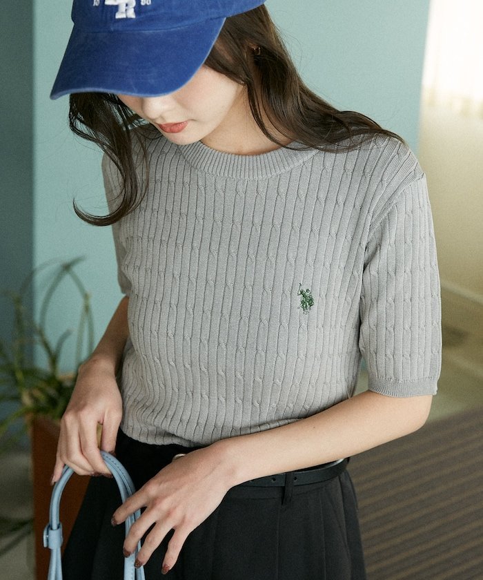 U.S. POLO ASSN. 別注 クルーネック ケーブルニット 限定展開 フリークスストア トップス ニット グレー ホワイト ブラウン ネイビー