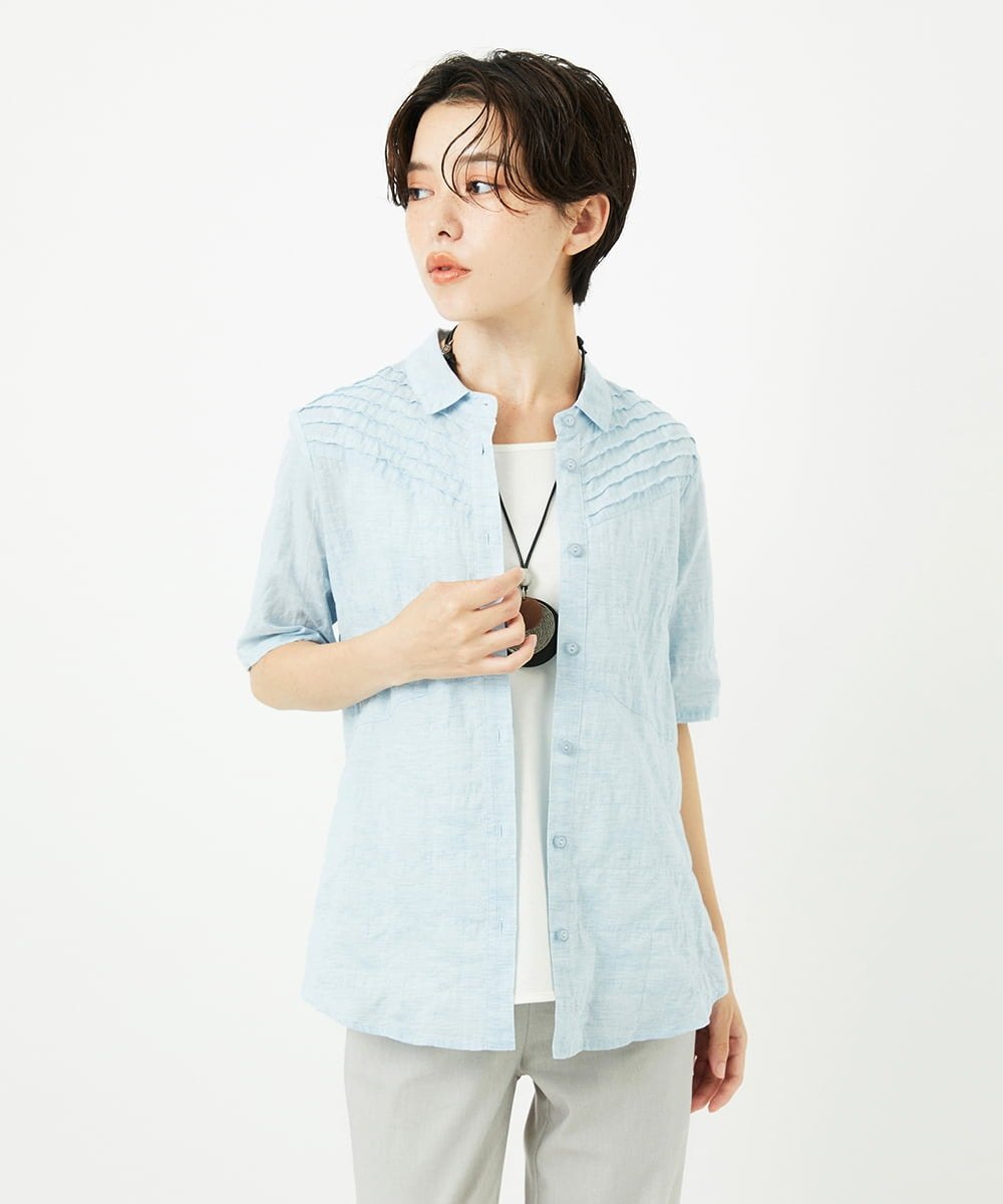 【SALE／50%OFF】GIANNI LO GIUDICE（小さいサイズ） コットンリネンドット柄ピンタック半袖ブラウス メゾンドゥサンク トップス シャツ・ブラウス ブラック【送料無料】