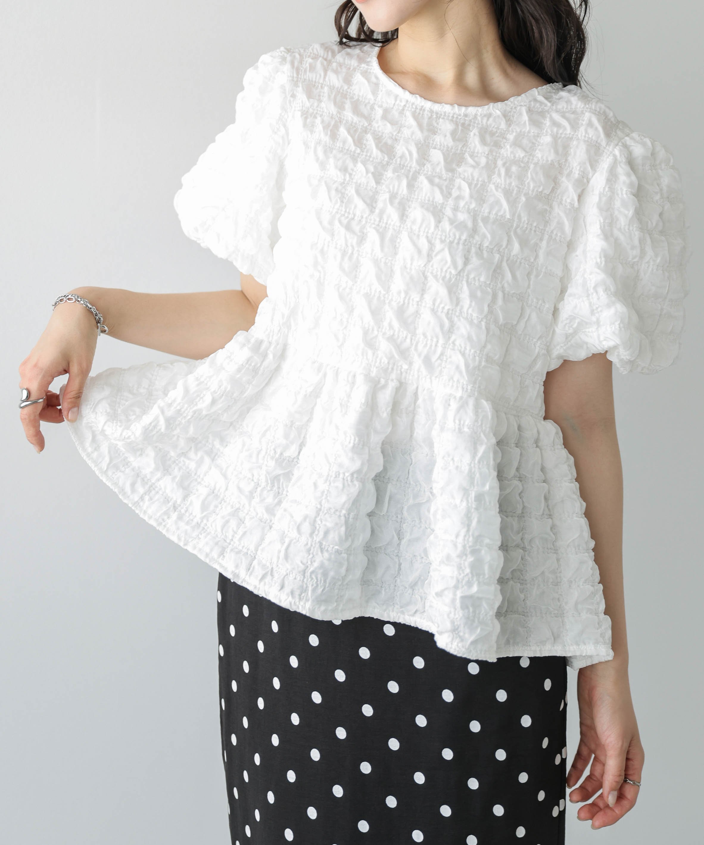 La-gemme ふくれジャガード ペプラムブラウス ラジュール トップス シャツ・ブラウス ホワイト ブラック