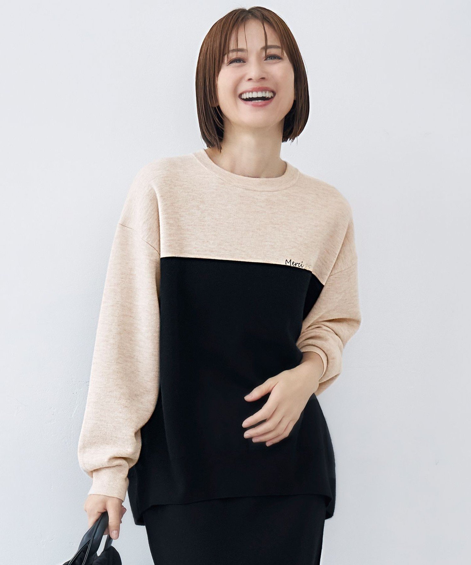 【SALE／30%OFF】自由区 S 【カタログ掲載・セットアップ対応・洗える】スムージーブロッキング ニット ジユウク トップス ニット ベージュ ピンク【送料無料】