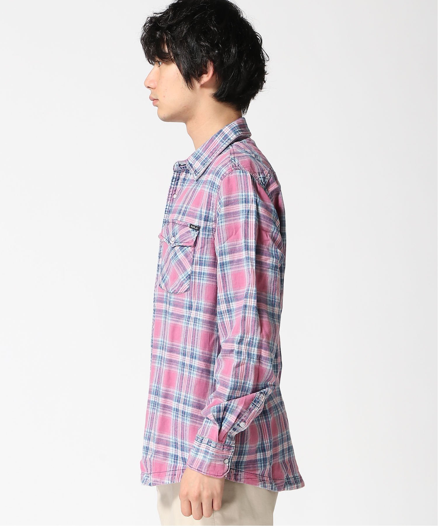【SALE／50%OFF】REPLAY (M)インディゴチェックコットンシャツ リプレイ トップス シャツ・ブラウス ピンク【送料無料】