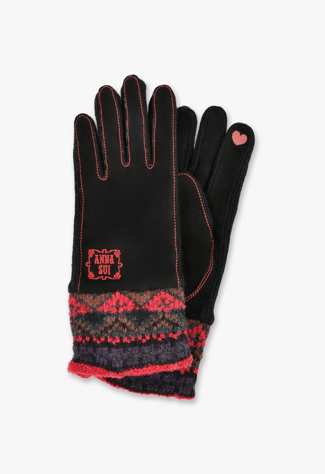 ANNA SUI デザインニットカフス スエード スマホ対応革手袋 アナ スイ ファッション雑貨 手袋 ブラック..