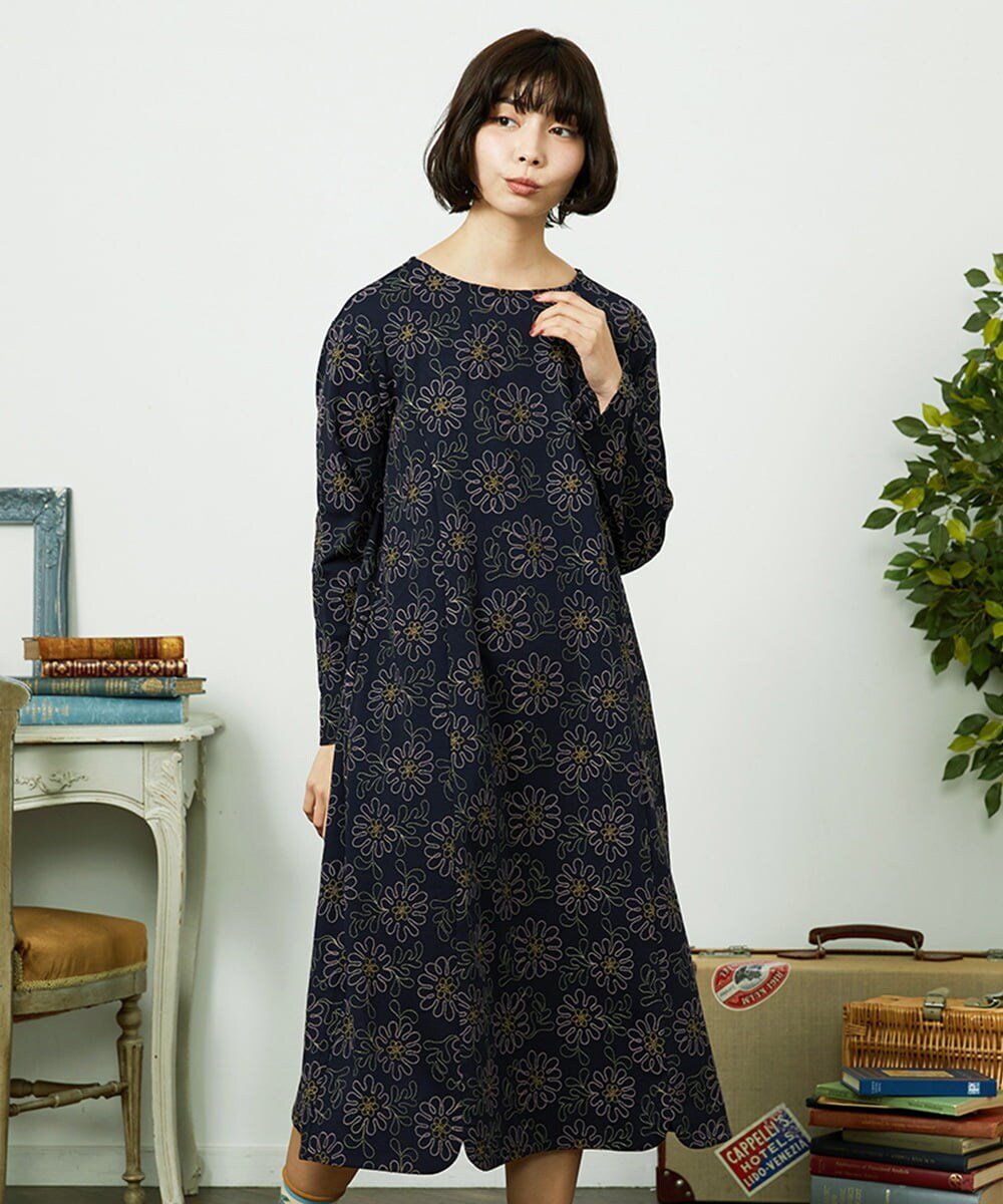 Jocomomola Crisantemo curvo フラワー総刺繍ワンピース ホコモモラ ワンピース・ドレス ワンピース イエロー ネイビー