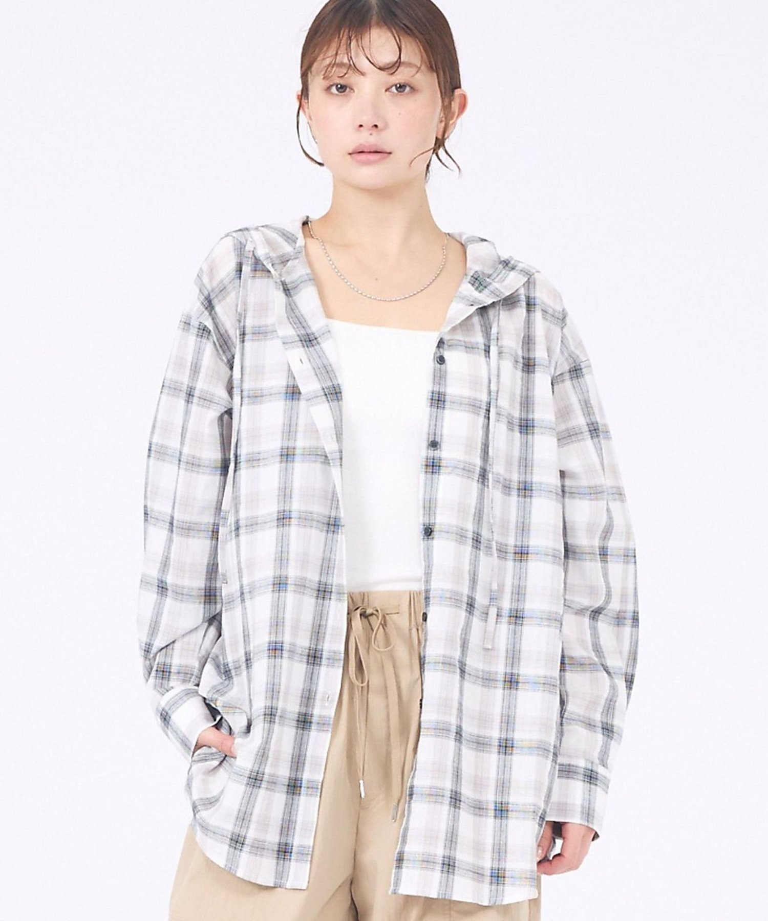 abahouse mavie 【シアー素材】チェックフードシャツ/春服/夏服/ゆったり/羽織り アバハウス マヴィ トップス シャツ ブラウス ホワイト ブルー【送料無料】