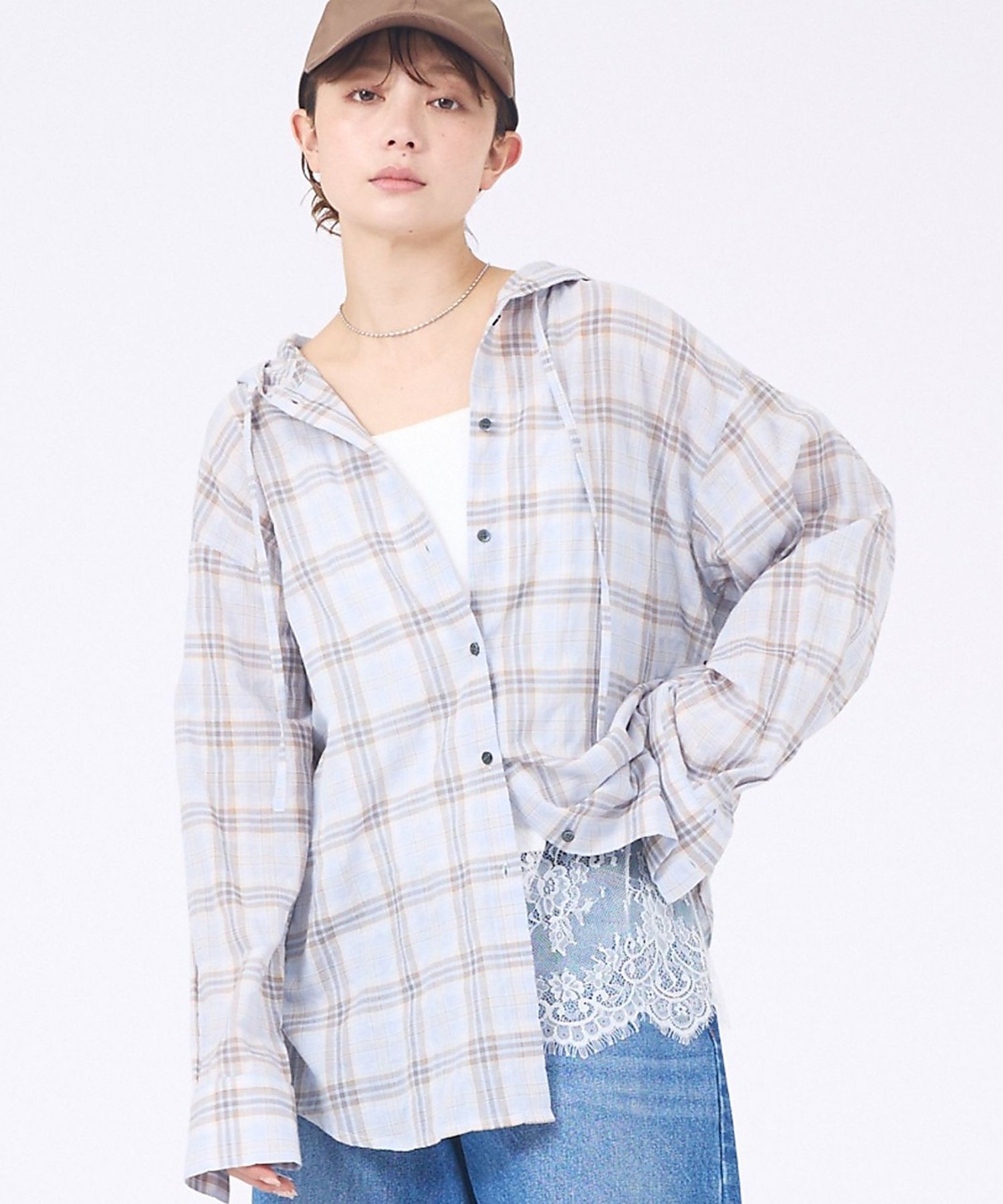 【SALE／20%OFF】abahouse mavie 【シアー素材】チェックフードシャツ/春服/夏服/ゆったり/羽織り アバハウス マヴィ トップス シャツ・ブラウス ホワイト ブルー【送料無料】