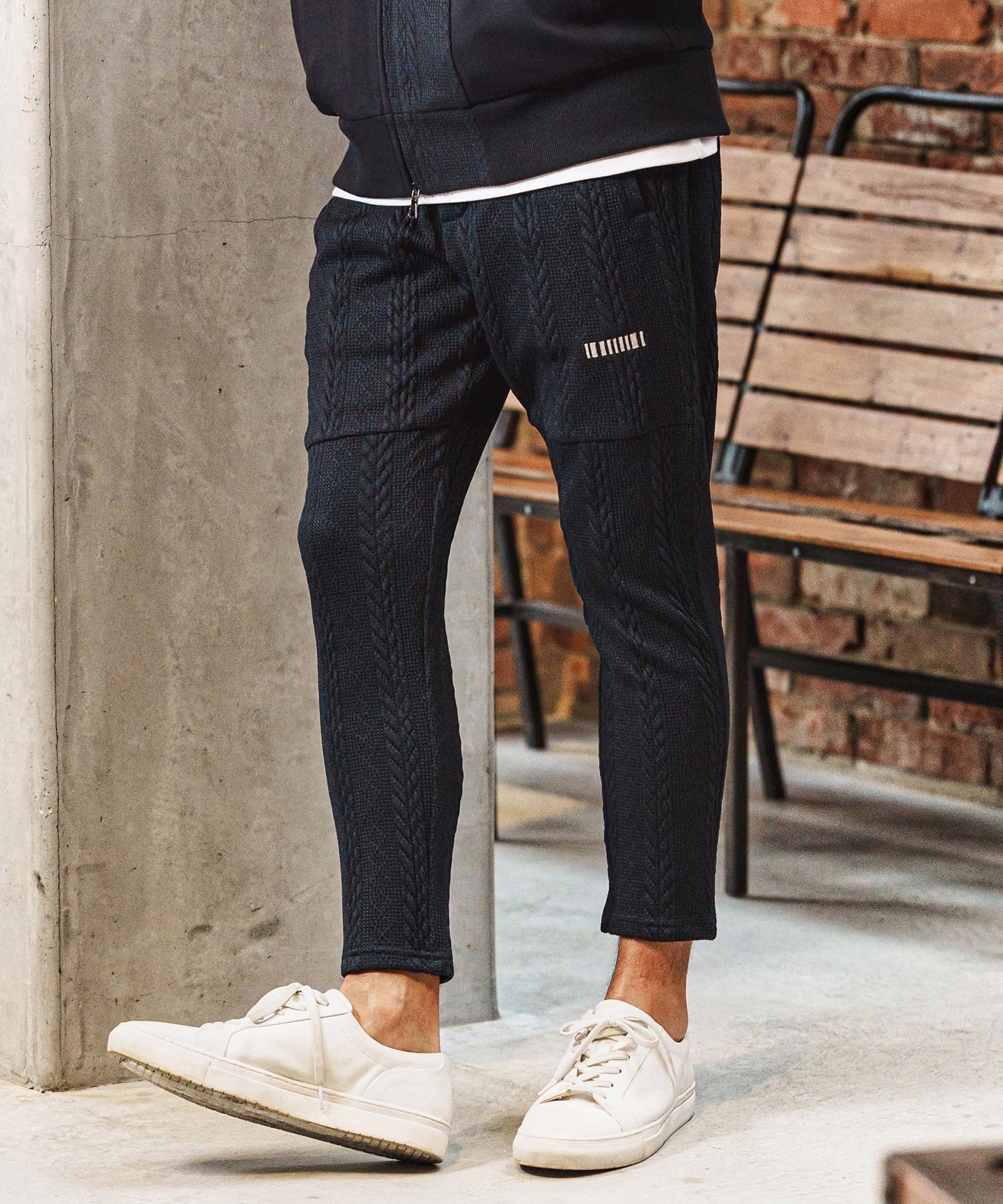 mp14427-Cable Knit Like Jacquard Knit sew Pants イージーパンツ カンビオ パンツ その他のパンツ ホワイト ブラック ネイビー