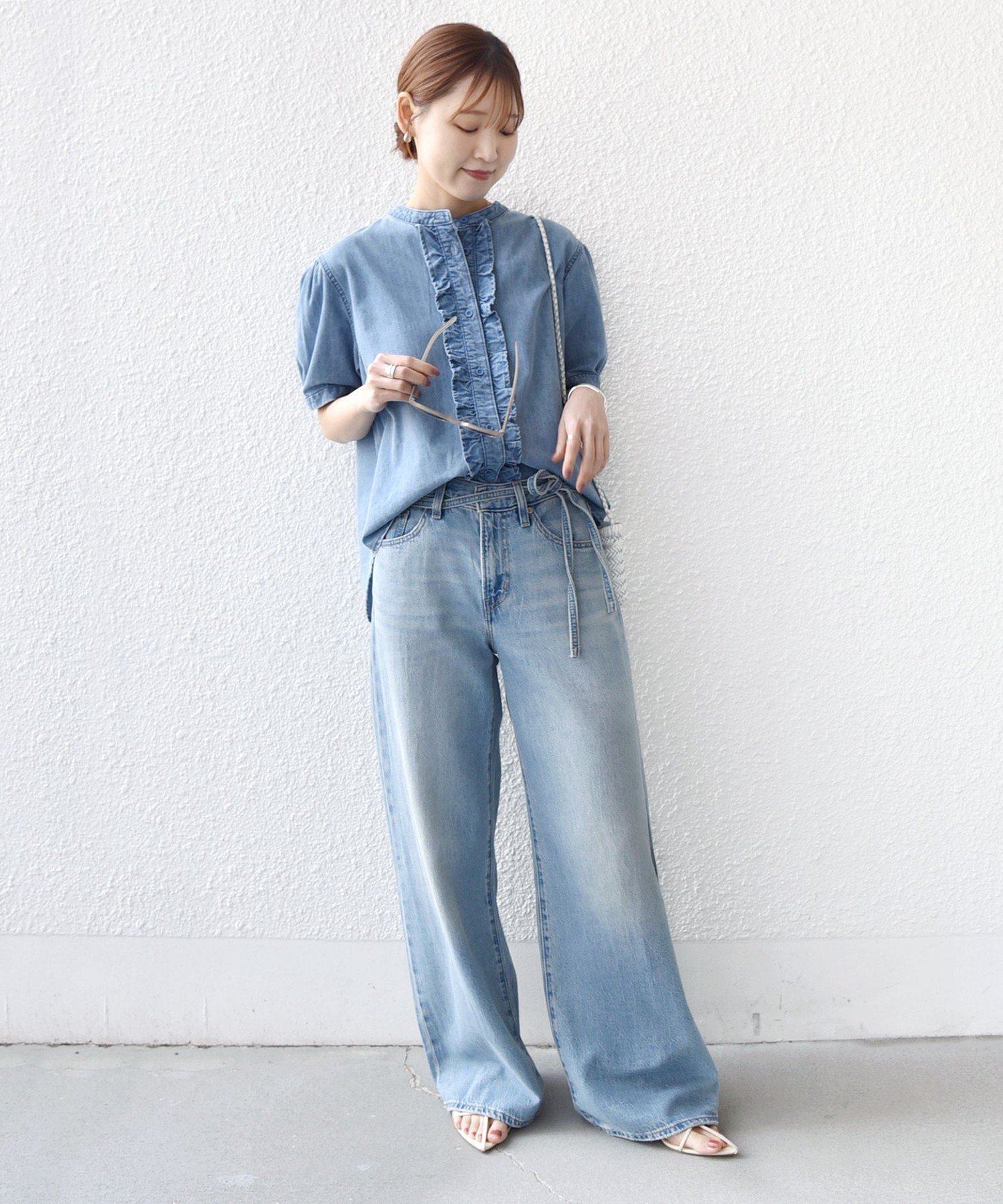 WOMEN 【WEB限定】＜手洗い可能＞ライト オンス フリル デニム 半袖 シャツ シップス トップス シャツ・ブラウス ブルー