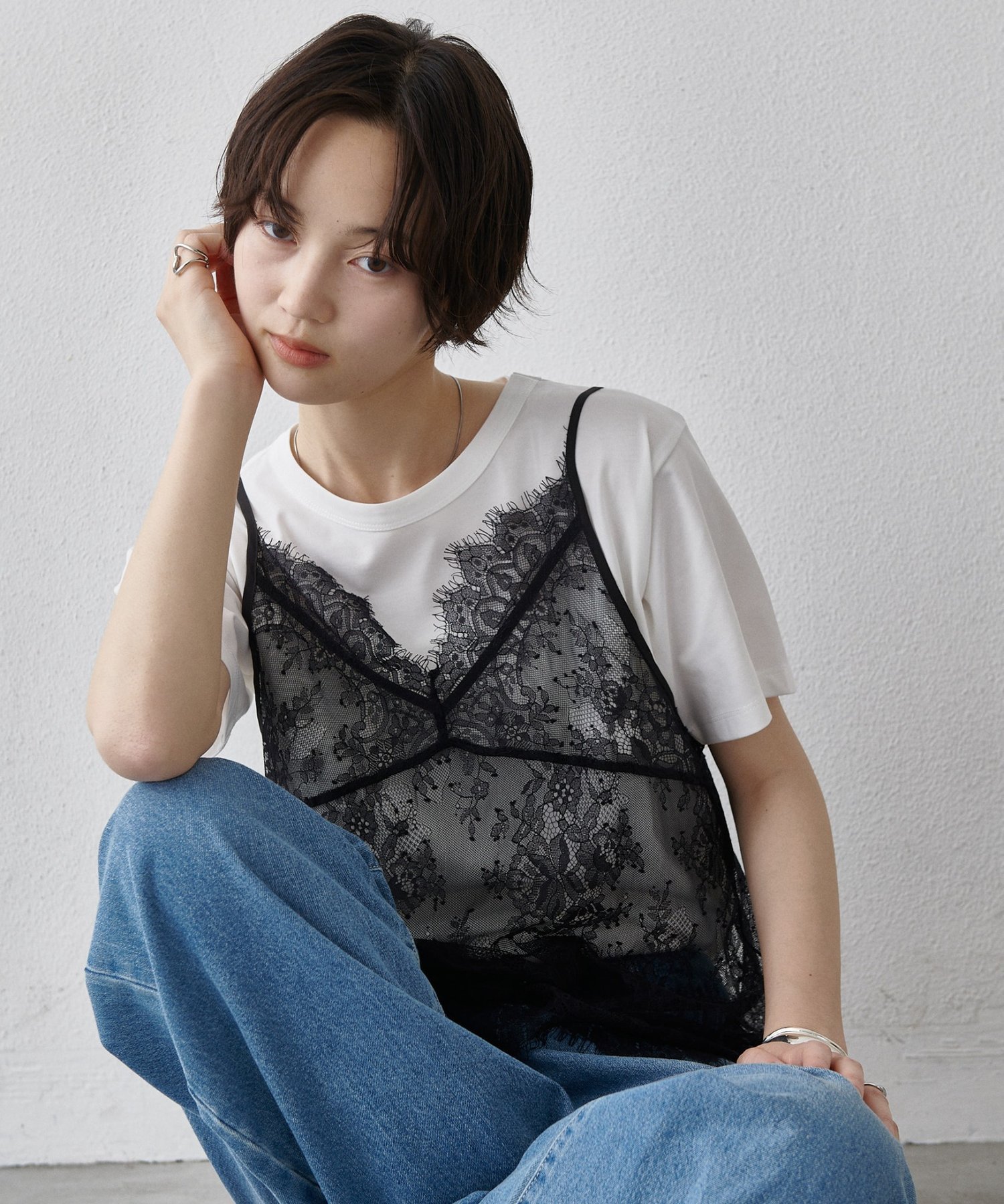 【WEB限定】レースキャミ付きTシャツ コロニー トゥーワンスリーナイン トップス カットソー・Tシャツ ホワイト ブラック
