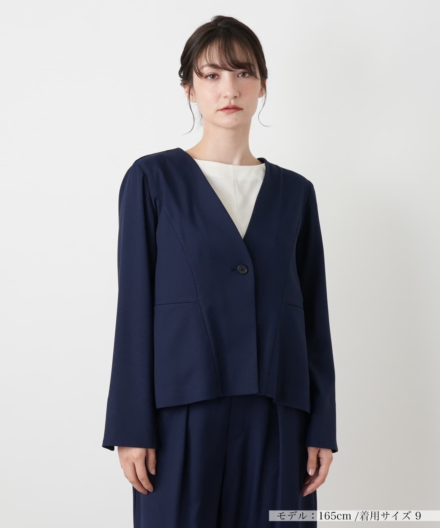 Leilian ノーカラーVネックジャケット【BOURGE】 レリアン ジャケット・アウター テーラードジャケット・ブレザー ブラック グリーン ネイビー