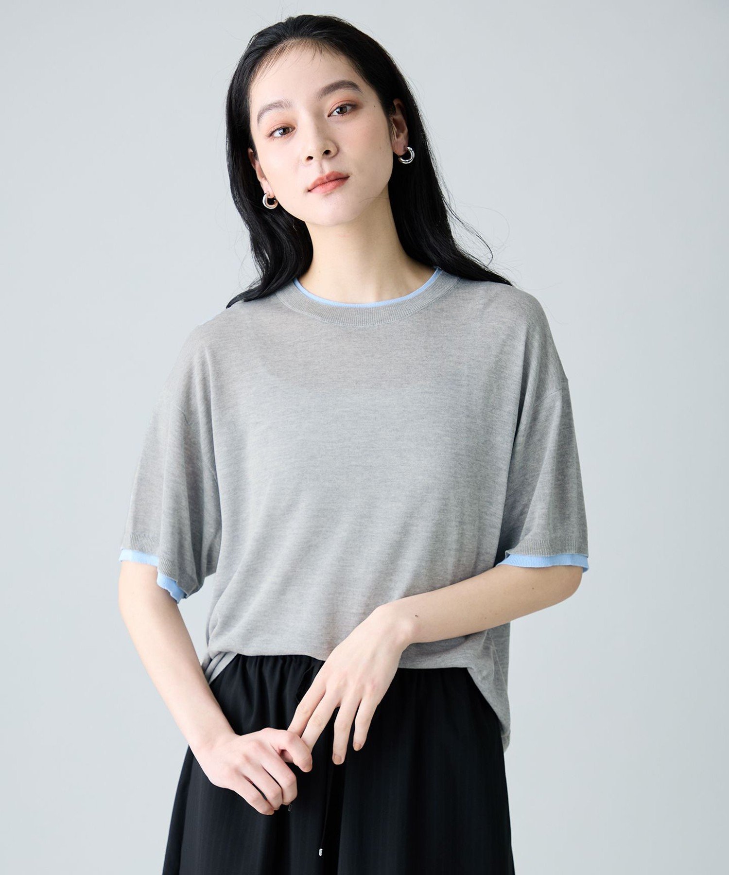 【SALE／30%OFF】ANY L バイカラーニットT エニィ トップス ニット ブルー グリーン ブラウン グレー