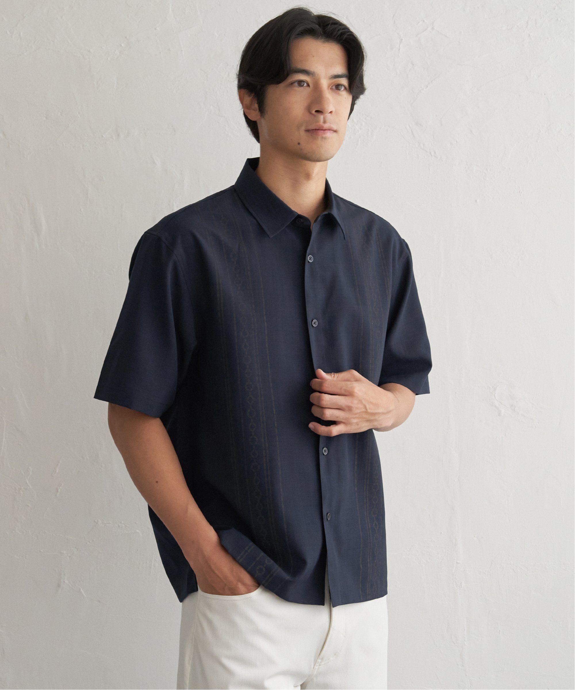 ikka 【接触冷感】リネンライクエスニックプリントシャツ イッカ トップス シャツ・ブラウス ブルー ベージュ カーキグリーン