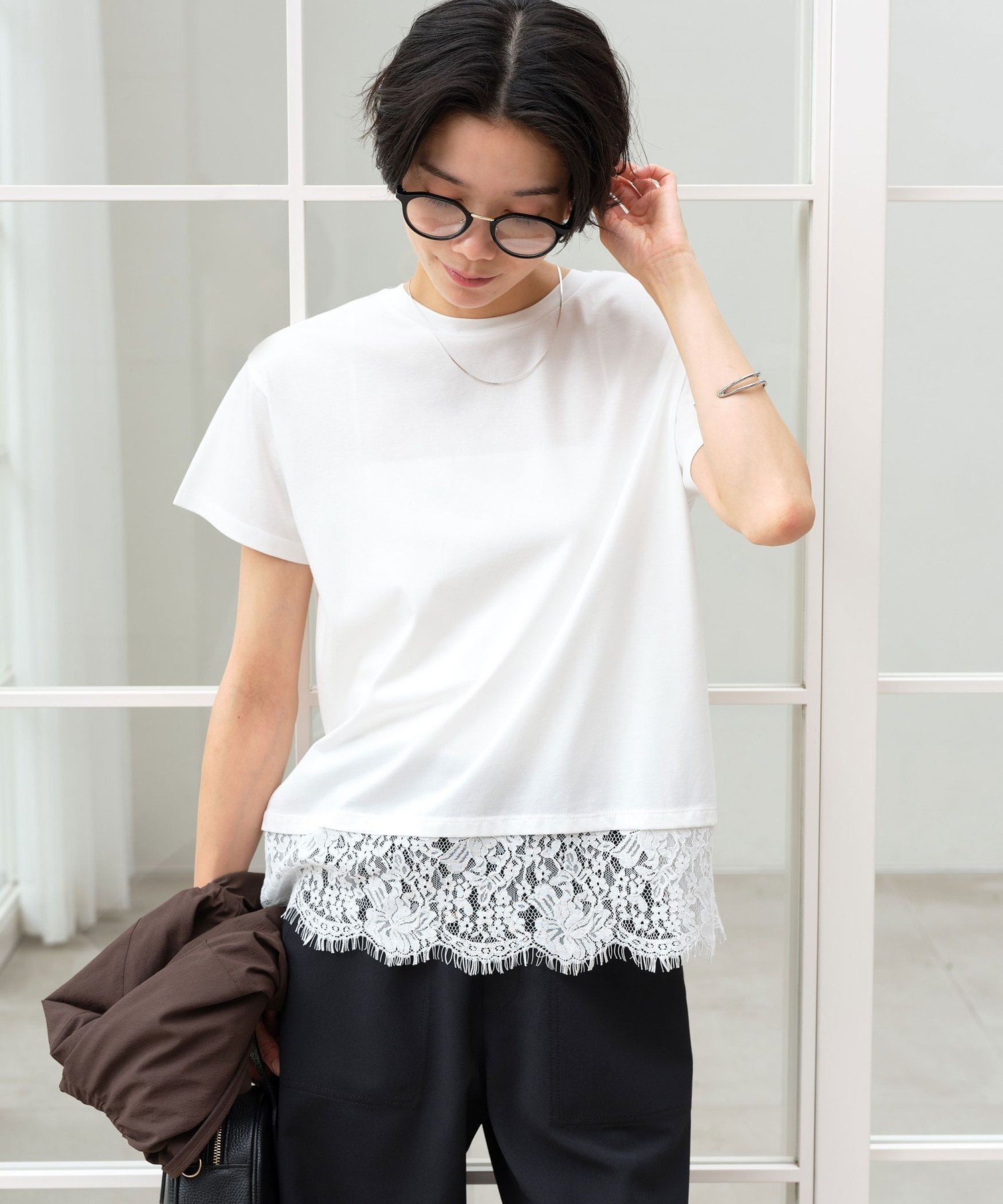 UNITED ARROWS green label relaxing スソ レース ショートスリーブ カットソー ユナイテッドアローズ グリーンレーベルリラクシング トップス カットソー・Tシャツ ブラウン ホワイト ブラック