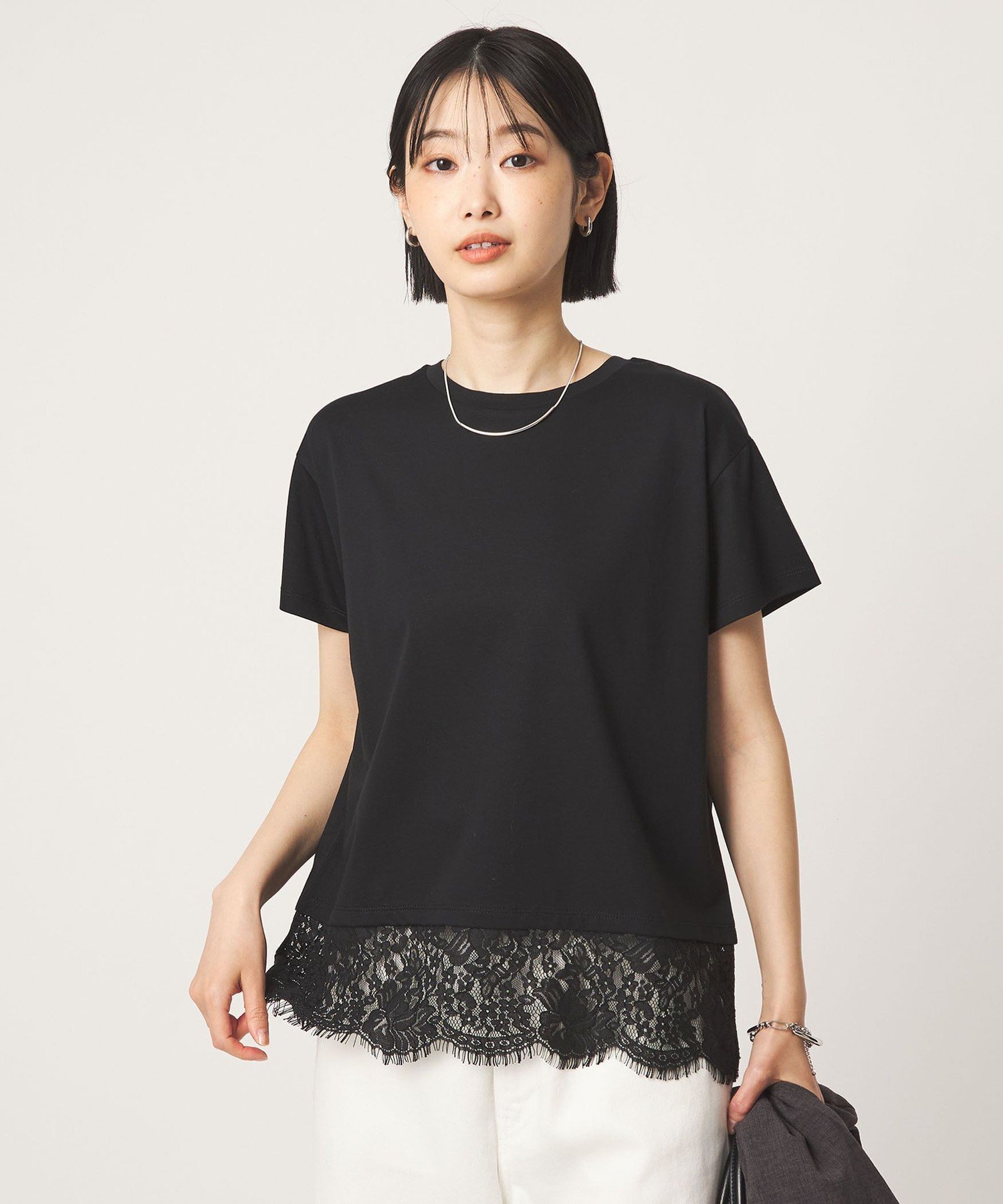 スソ レース ショートスリーブ カットソー ユナイテッドアローズ グリーンレーベルリラクシング トップス カットソー・Tシャツ ブラウン ホワイト ブラック