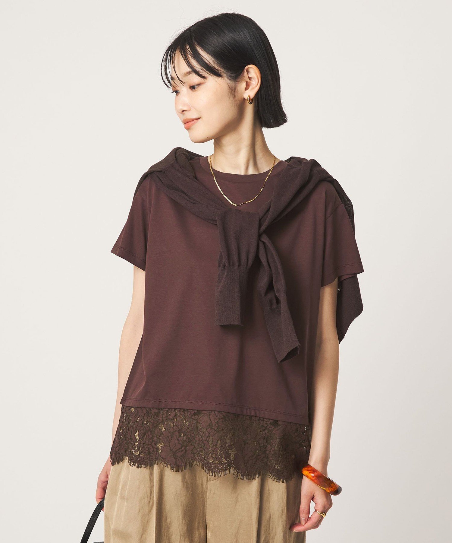 スソ レース ショートスリーブ カットソー ユナイテッドアローズ グリーンレーベルリラクシング トップス カットソー・Tシャツ ブラウン ホワイト ブラック