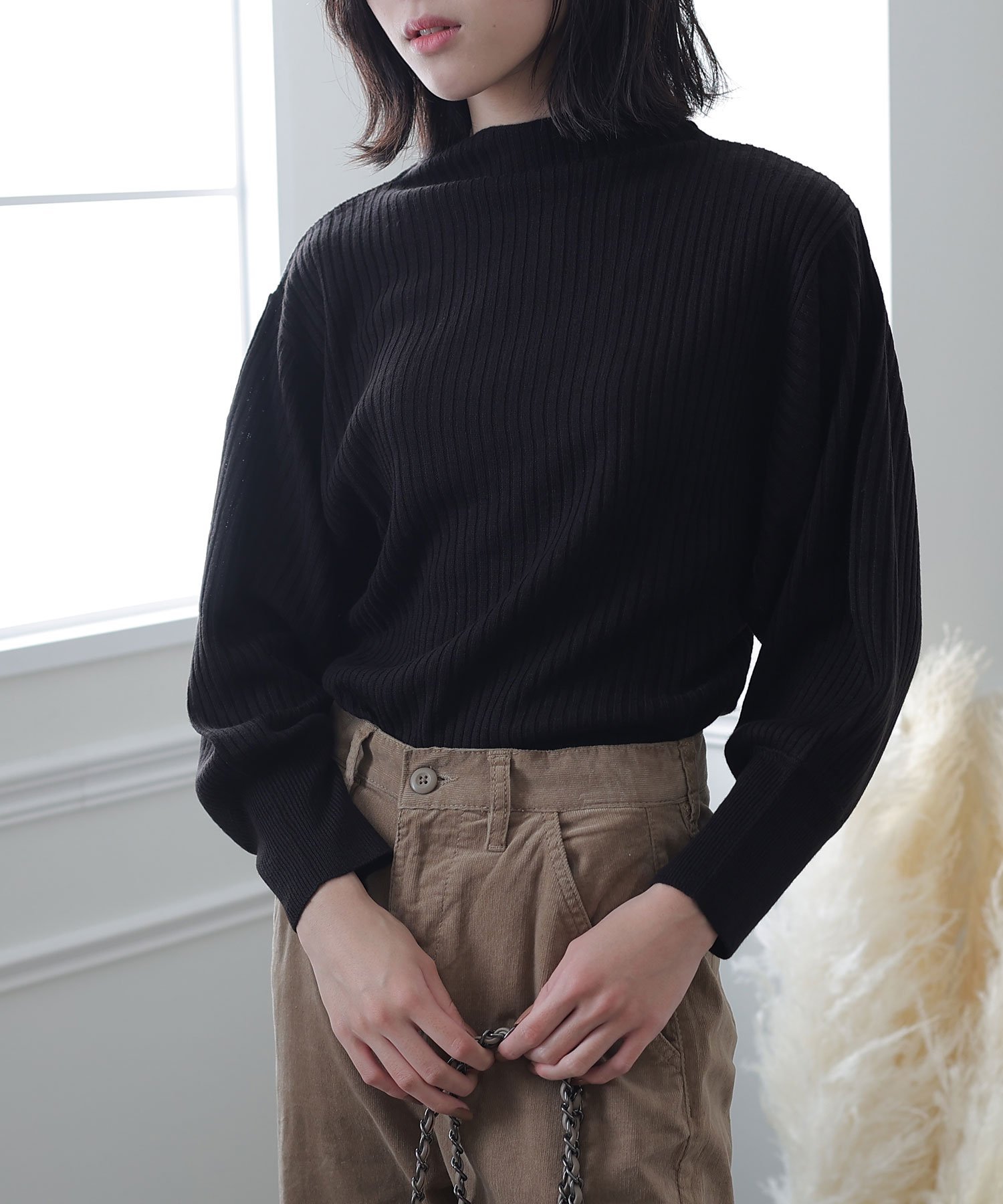 PourVous リブニットボトルネック カットソーきれいめトップス 七分袖 ニット レディース プールヴー ..