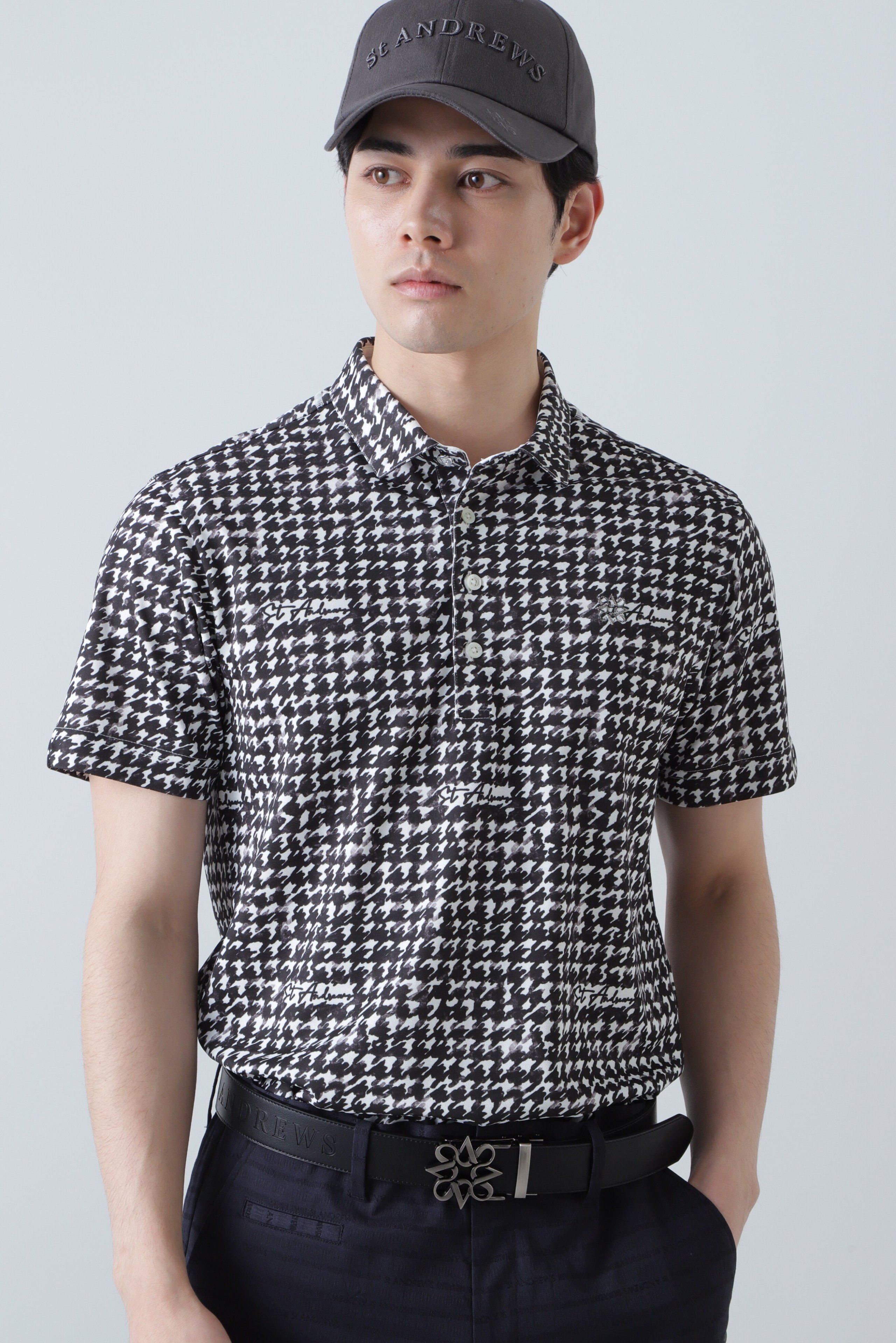 【SALE／50%OFF】St ANDREWS 千鳥プリント 半袖ポロシャツ (MENS) セントアンドリュース トップス ポロシャツ ピンク ホワイト【送料無料】