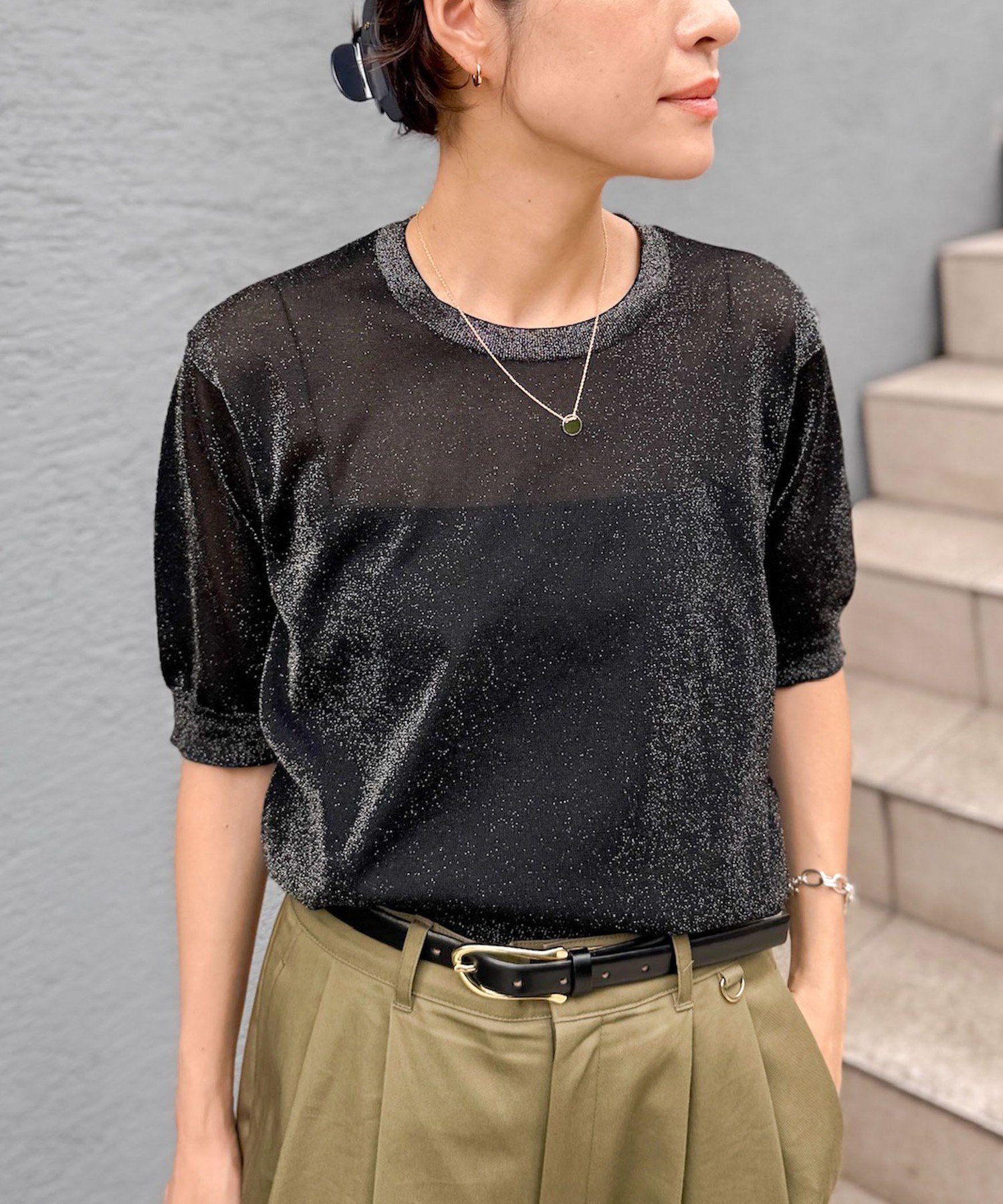 【SALE／50%OFF】NOLLEY'S 《手洗い可能》《アンサンブル対応》シアーラメ天竺5分袖プルオーバーニット ノーリーズ トップス ニット パープル ブラック ホワイト【送料無料】のサムネイル