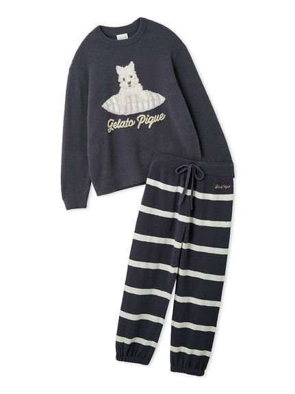 【SALE／20%OFF】gelato pique 【ONLINE限定】【UNISEX】エアリーモコプレイフルDOGジャガードプルオーバー&ボーダーロングパンツセット ジェラートピケ トップス カットソー・Tシャツ ネイビー ホワイト【送料無料】