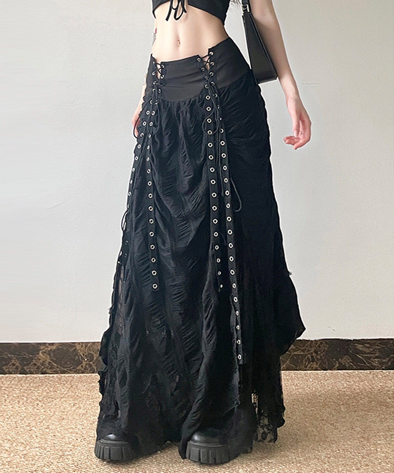 【SALE／20%OFF】Sibra アイレットストリングマキシスカート ディアベル スカート ロング・マキシスカート ブラック【送料無料】