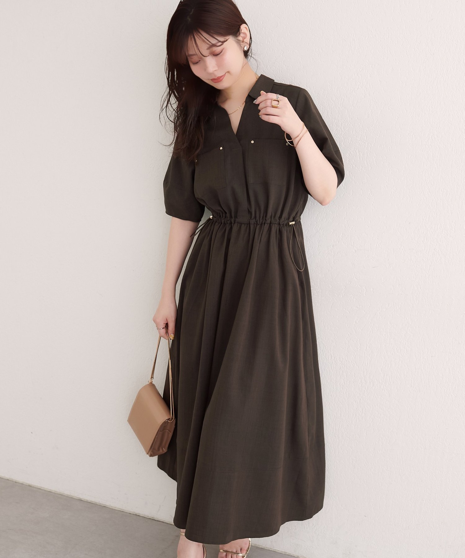 natural couture お上品ドロストスキッパーワンピース ナチュラルクチュール ワンピース・ドレス その他のワンピース・ドレス ブラック ブラウン ベージュ