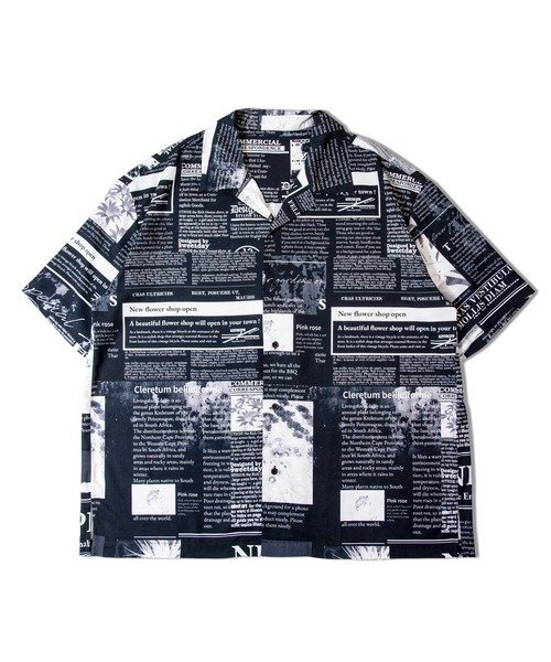 JACKROSE JE-NEWS PAPER OPEN COLLAR S/S SHIRT(MENS) ジャックローズ トップス シャツ・ブラウス ブラック ホワイト