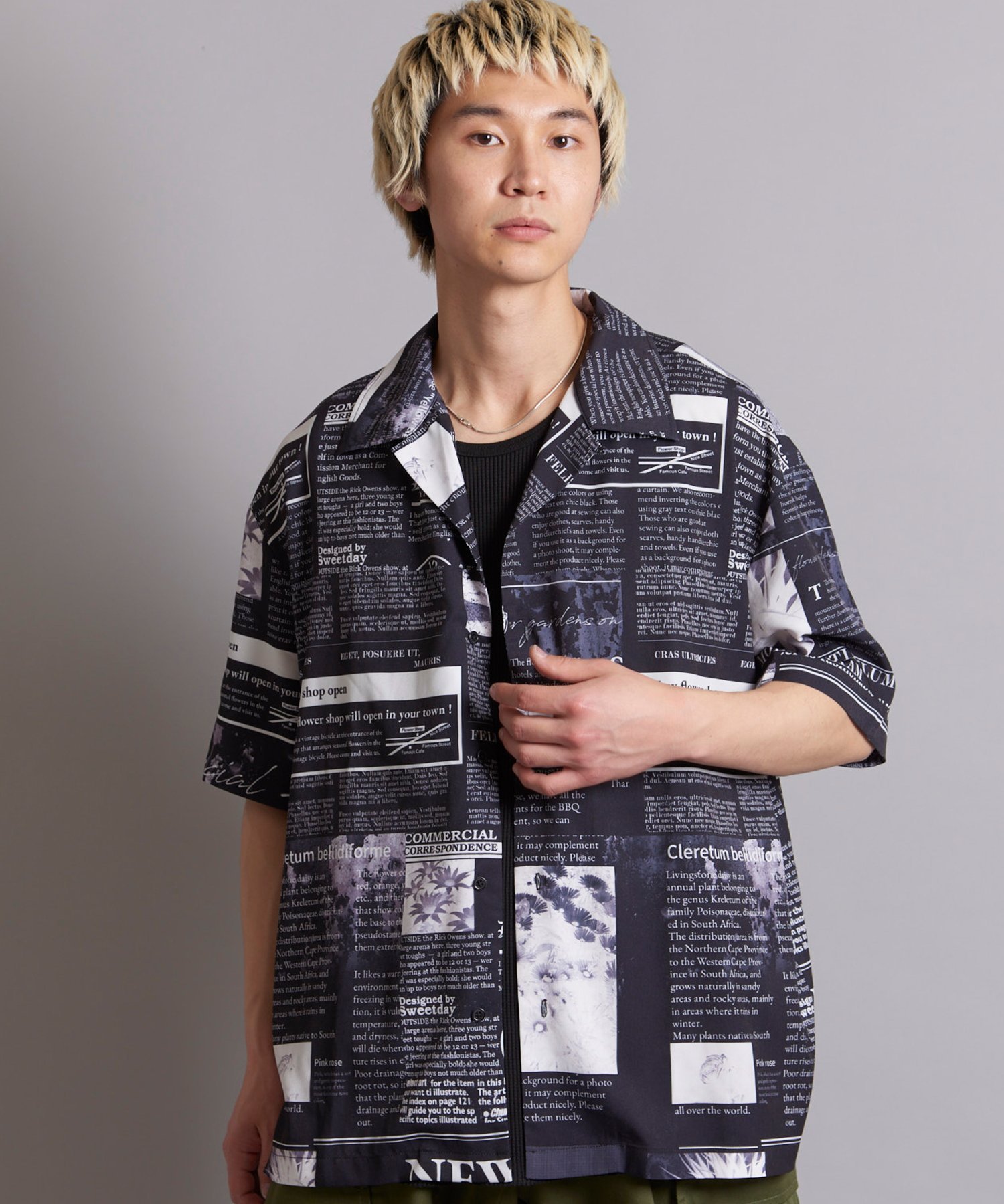 JACKROSE JE-NEWS PAPER OPEN COLLAR S/S SHIRT(MENS) ジャックローズ トップス シャツ・ブラウス ブラック ホワイト