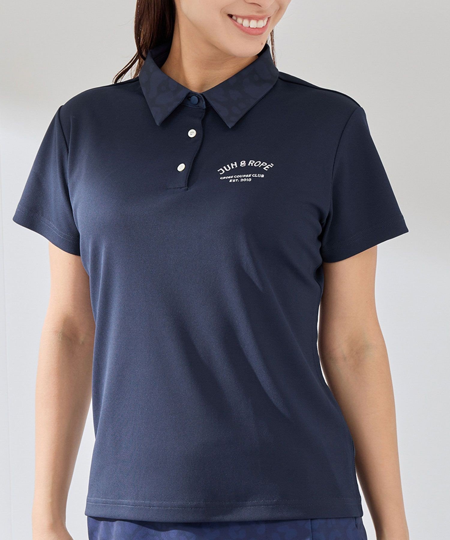 【SALE／60%OFF】JUN&ROPE' アニマル柄衿コンビ使い半袖ポロ ジュンアンドロペ トップス ポロシャツ グレー ネイビー ピンク【送料無料】