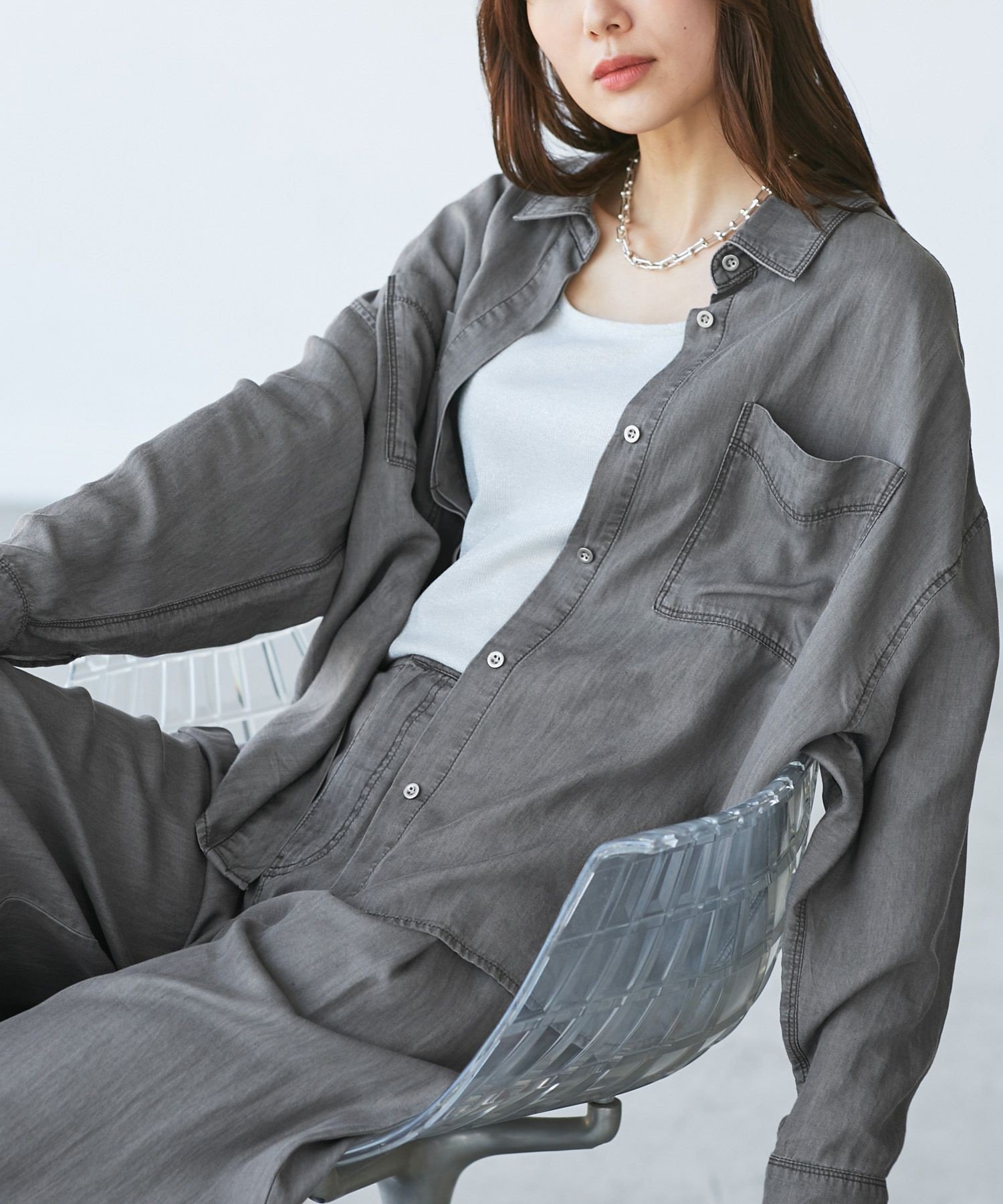 ROPE' PICNIC 【emur/エミュール】ラウンドヘム抜き襟比翼シャツ ロペピクニック トップス シャツ・ブラウス ブルー グレー【送料無料】