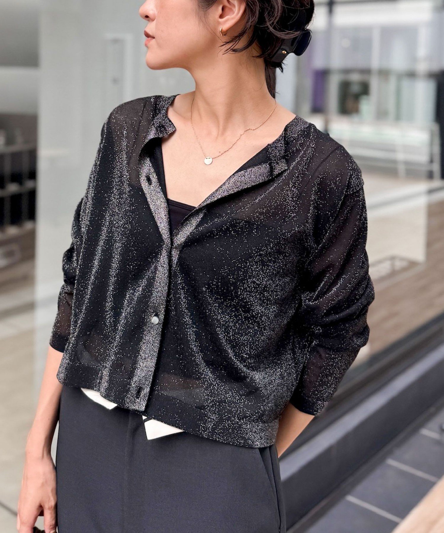 【SALE／40%OFF】NOLLEY'S 《手洗い可能》《アンサンブル対応》シアーラメ天竺長袖クルーネックカーディガン ノーリーズ トップス カーディガン パープル ホワイト ブラック【送料無料】のサムネイル