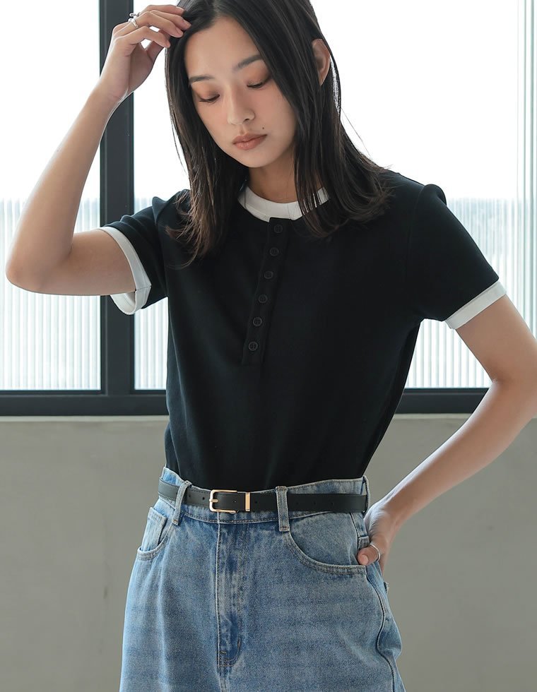 Re:EDIT 配色ヘンリーネック半袖トップス リエディ トップス カットソー・Tシャツ イエロー ホワイト