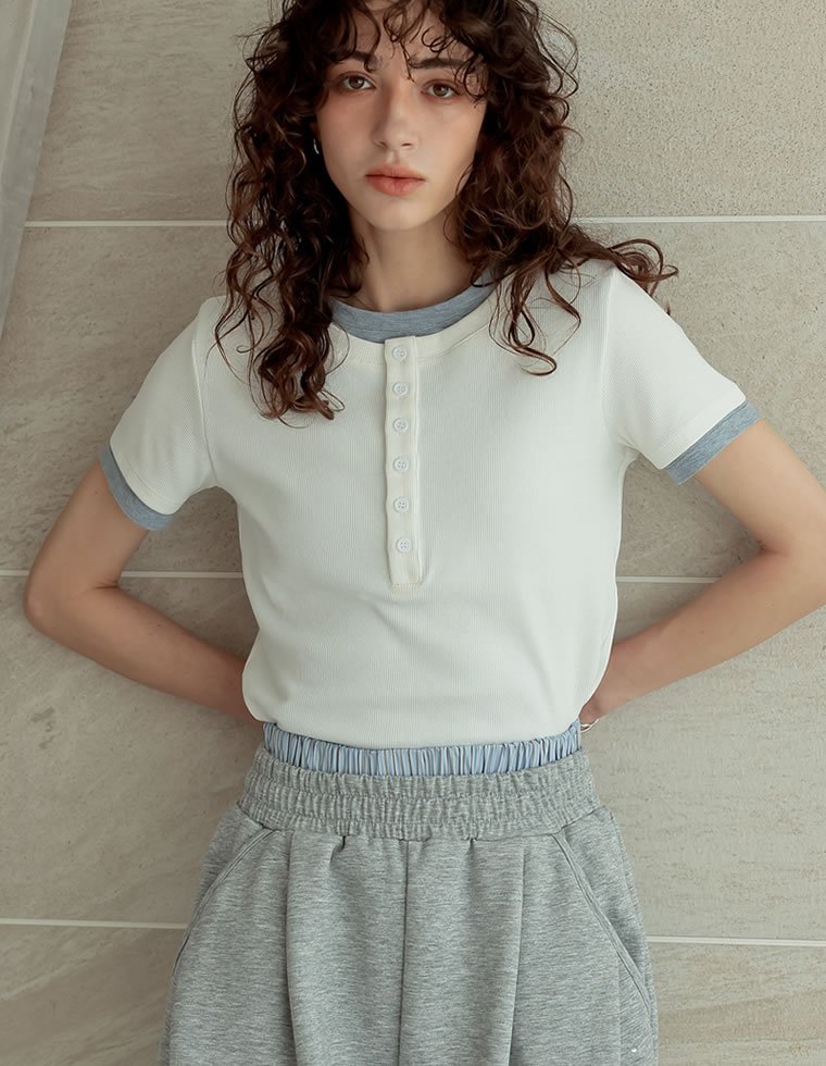 Re:EDIT 配色ヘンリーネック半袖トップス リエディ トップス カットソー・Tシャツ イエロー ホワイト