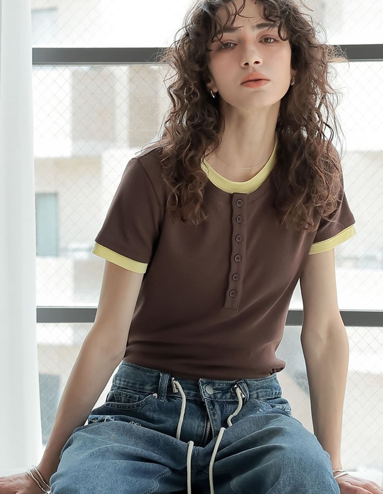 Re:EDIT 配色ヘンリーネック半袖トップス リエディ トップス カットソー・Tシャツ イエロー ホワイト