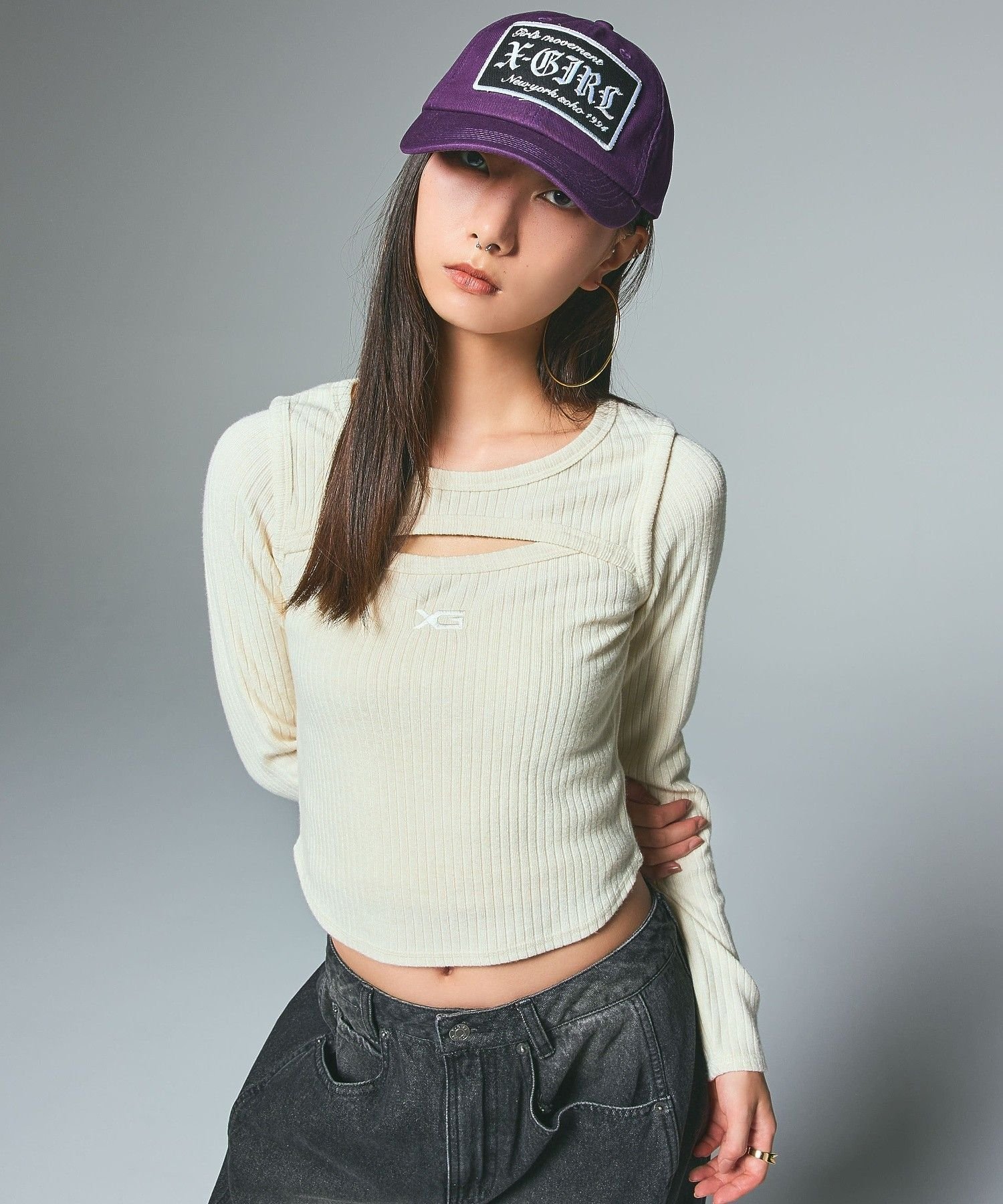 X-girl FRONT SLIT RIB L/S TOP エックスガール トップス カットソー・Tシャツ ホワイト ブラック