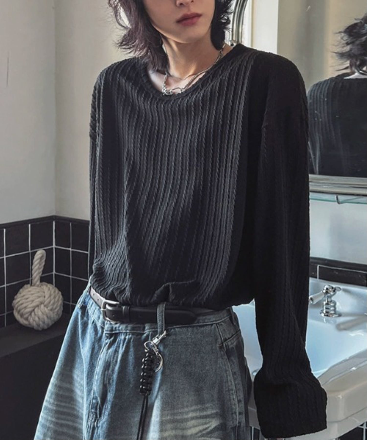 NOWLE NOWLE/(M)【NOWLE】ケーブル編み風 立体リブ クルーネックロンT チェルカ トップス カットソー・Tシャツ ブラック