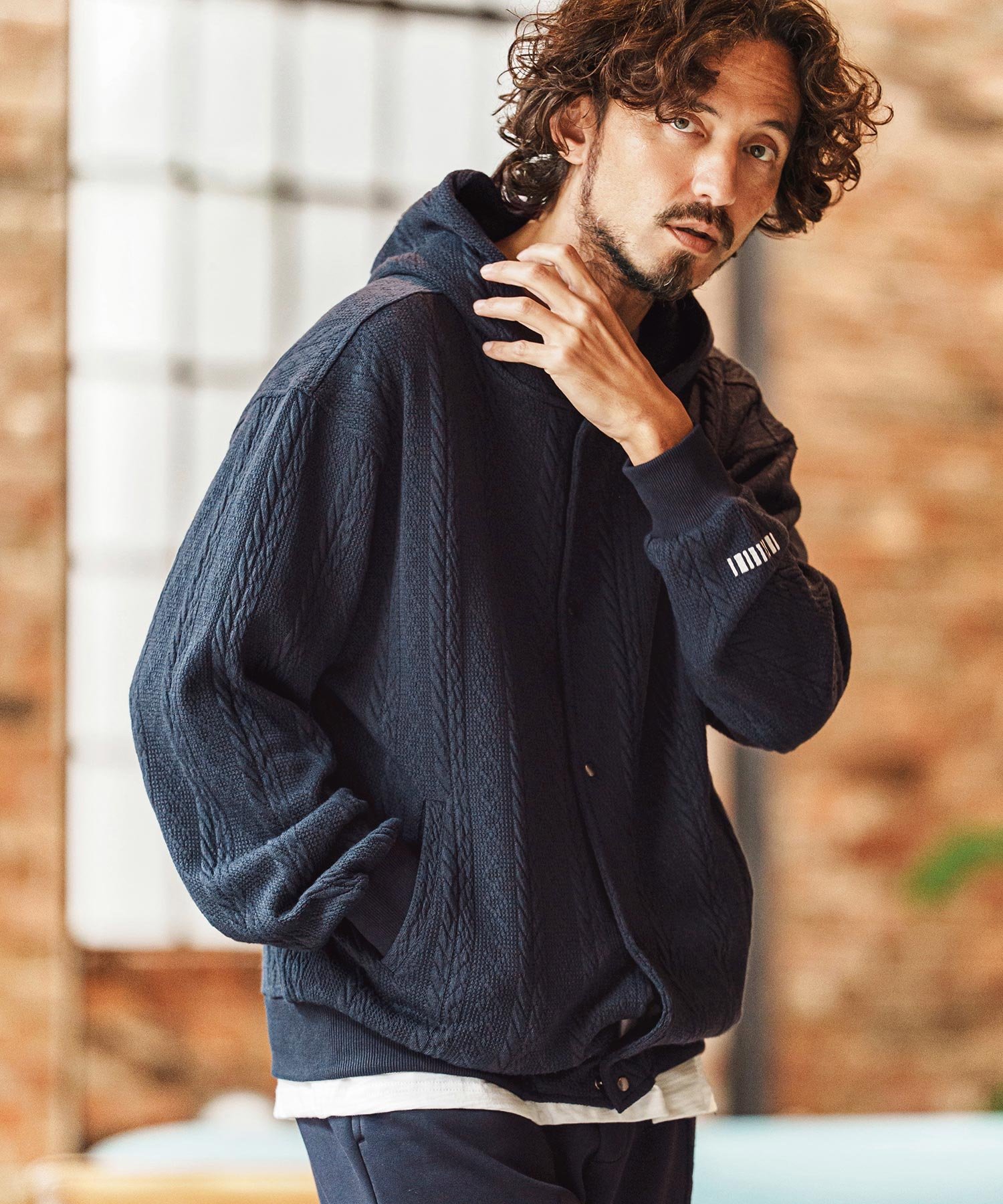 mpa4011-Cable Knit Like Jacquard Knit sew Parka パーカー カンビオ トップス パーカー・フーディー ネイビー ホワイト ブラック