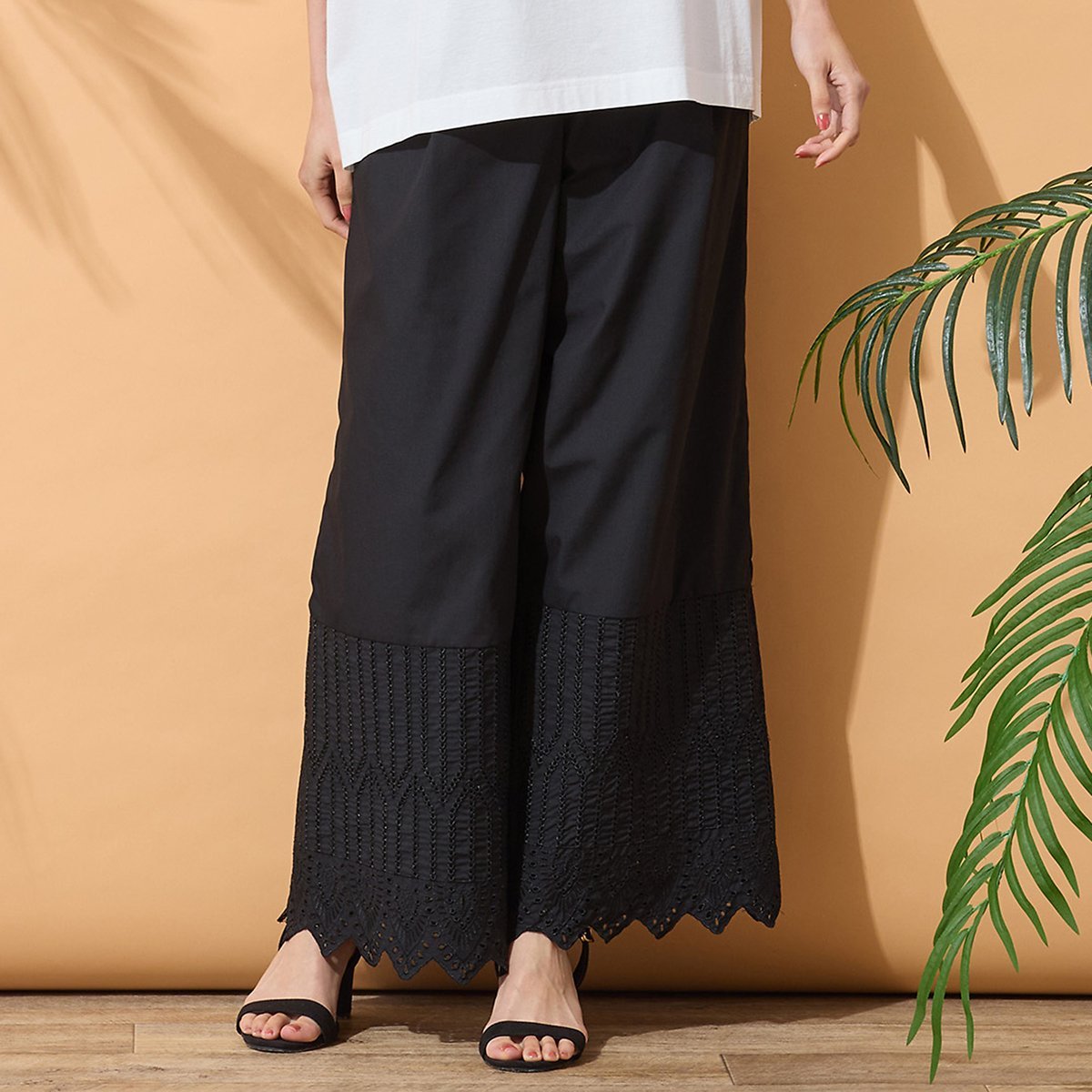 PISANO 【手洗いOK・セットアップ対応】カットワーク刺繍タックワイドパンツ ピサーノ パンツ チノパンツ カーキグリーン ブラック
