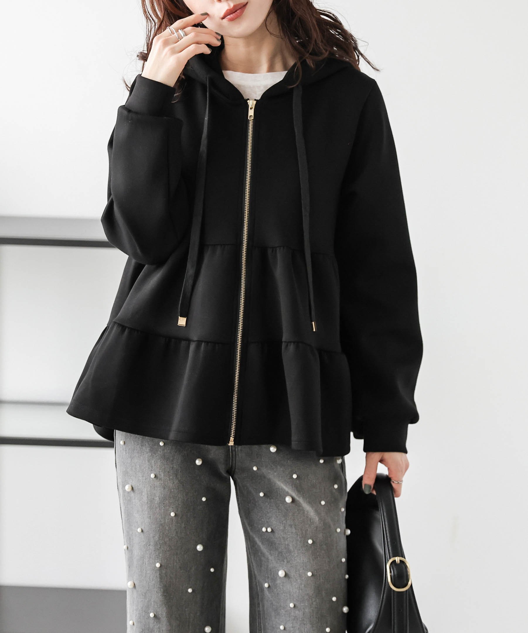 【SALE/50%OFF】Lajour 日本製 ティアードジップパーカー ラジュール トップス パーカー・フーディー ブラック ベージュ グレー【送料無料】