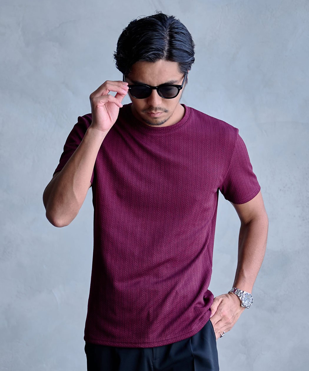 CavariA スクエアストライプ半袖クルーネックTEE シルバーバレット トップス カットソー・Tシャツ ブラック ワインレッド ホワイト