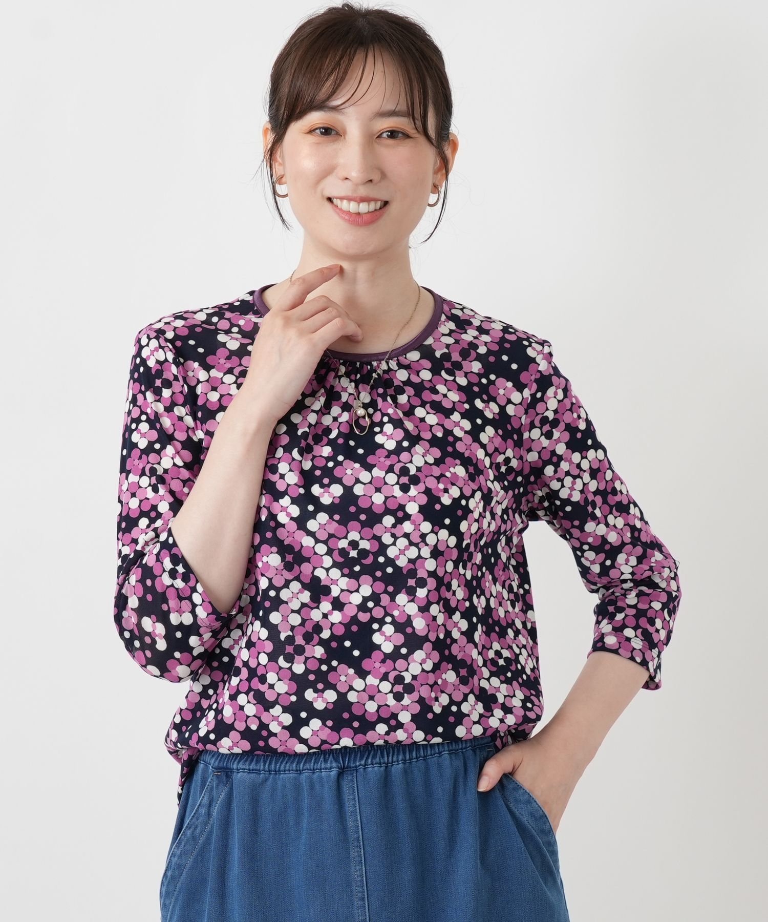 Leilian ドット柄七分袖カットソー【Leilian WHITE LABEL】 レリアン トップス カットソー・Tシャツ ホワイト