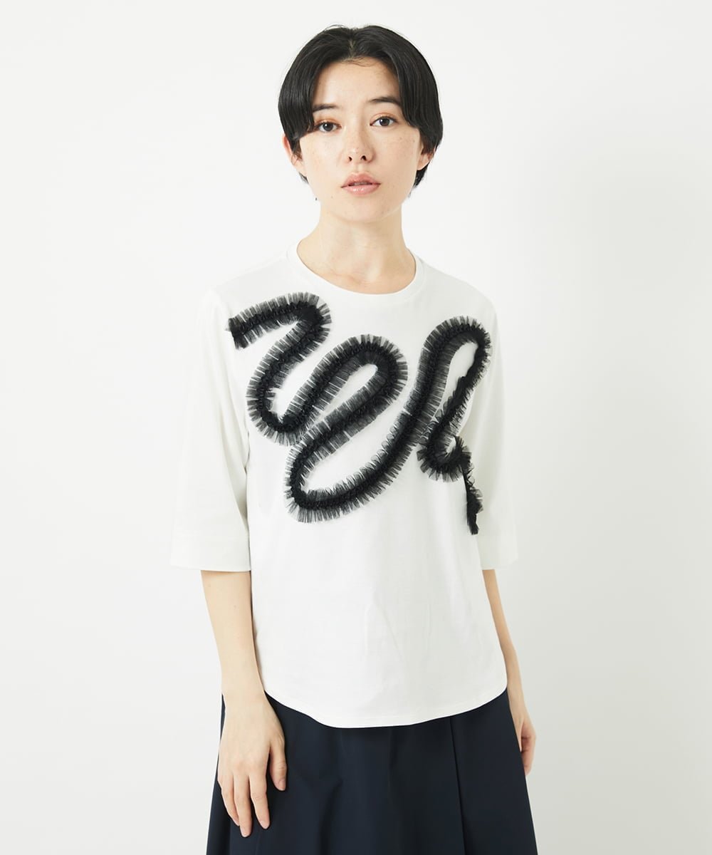 （小さいサイズ） チュールテープライン7分袖カットソー メゾンドゥサンク トップス カットソー・Tシャツ ホワイト ブラック