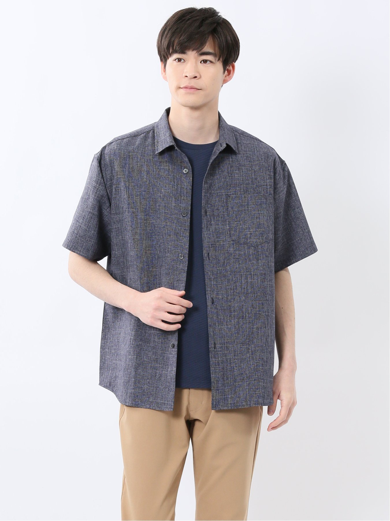 【SALE／20%OFF】TAKA-Q TechLinen レギュラーカラー 半袖シャツ タカキュー トップス シャツ・ブラウス ネイビー グレー