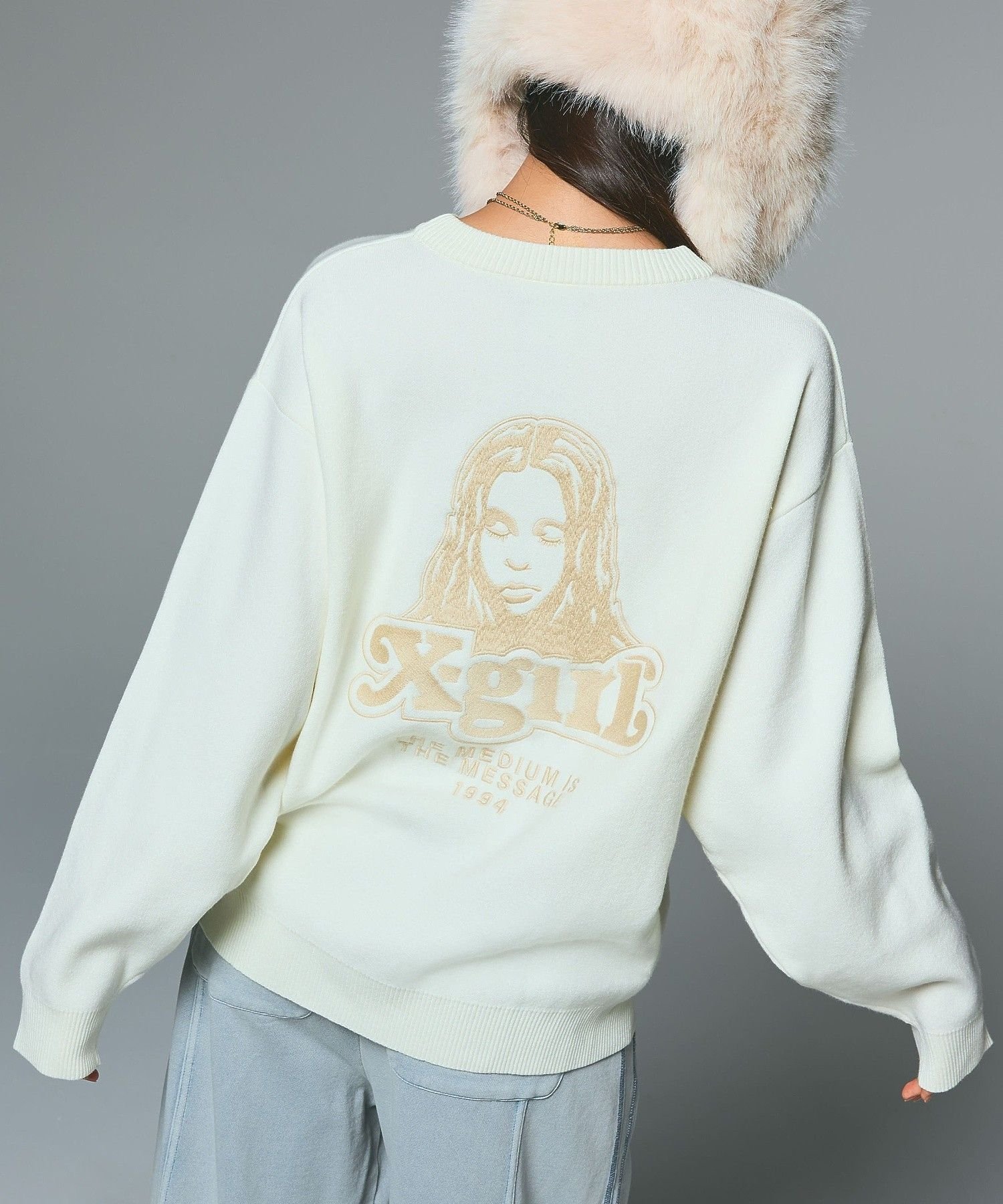 X-girl FACE EMBROIDERY KNIT TOP エックスガール トップス ニット グレー ホワイト