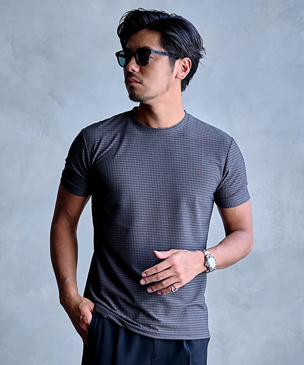 CavariA パイルワッフル半袖クルーネックTEE シルバーバレット トップス カットソー・Tシャツ グレー ブラック ホワイト