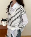 【SALE/30%OFF】aimoha - select - aimoha -select-/Vネックボーダーニットベストドッキングシャツ アイモハ トップス シャツ・ブラウス ブラック ホワイト