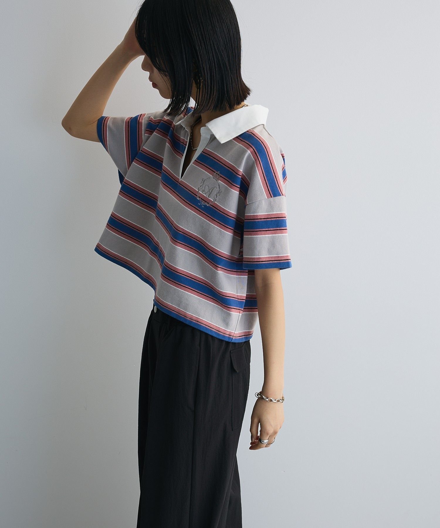 【SALE／15%OFF】AnriettMusee エムブレム刺繍ショートボーダーカットソー グリーンパークス トップス カットソー・Tシャツ ネイビー グレー【送料無料】