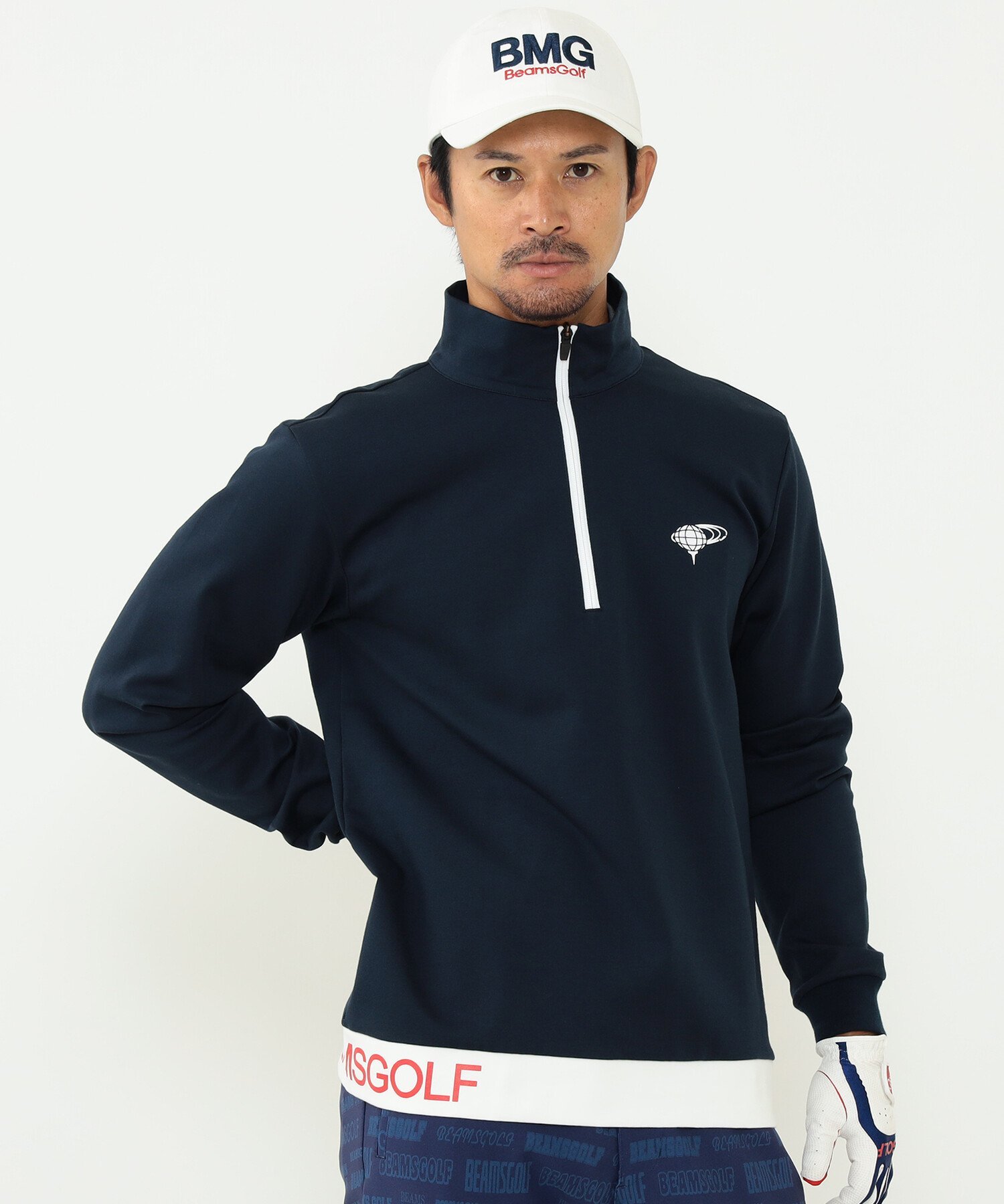 BEAMS GOLF ORANGE LABEL BEAMS GOLF ORANGE LABEL / ヘムロゴ ハーフジップ プルオーバー シャツ ビームス ゴルフ トップス スウェット・トレーナー ネイビー ホワイト ブラック【送料無料】