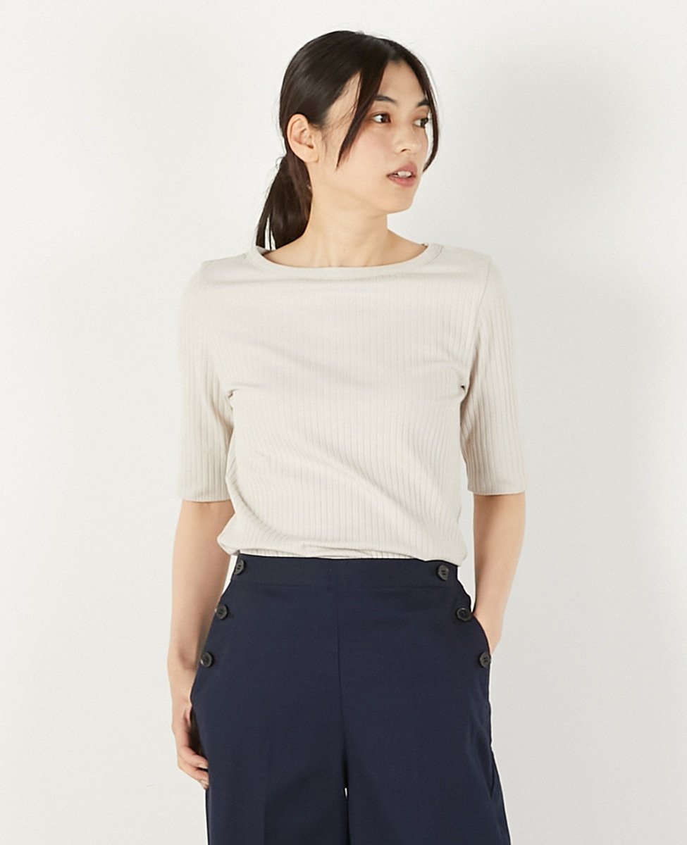 MELROSE CLAIRE 【ワイドリブ万能5分袖カットプルオーバー】 メルローズクレール トップス カットソー・Tシャツ ベージュ グリーン ブラック