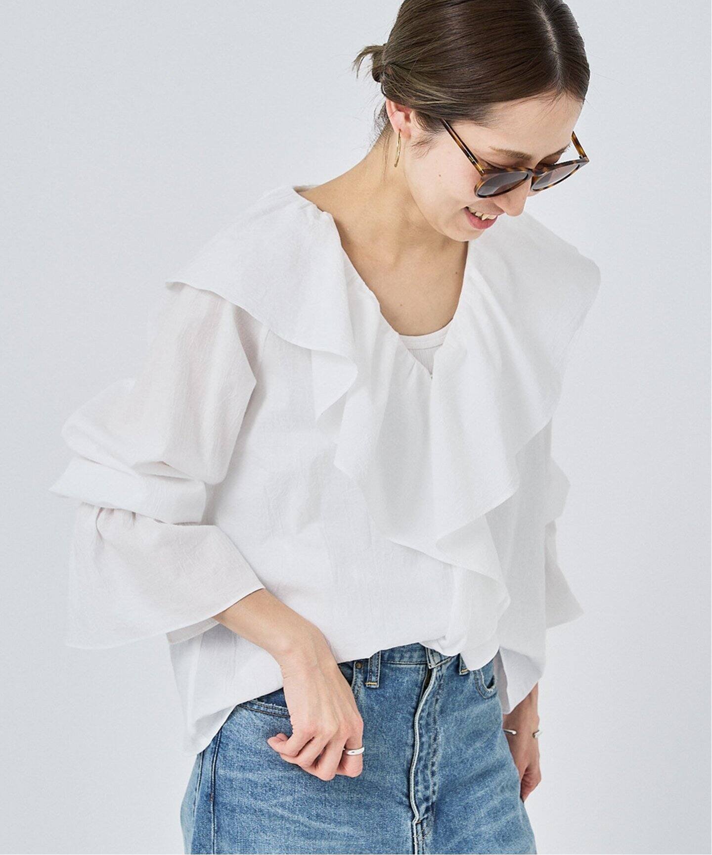 FRAMeWORK ≪予約≫ラッフルブラウス フレームワーク トップス シャツ・ブラウス ブラック ホワイト【送料無料】のサムネイル