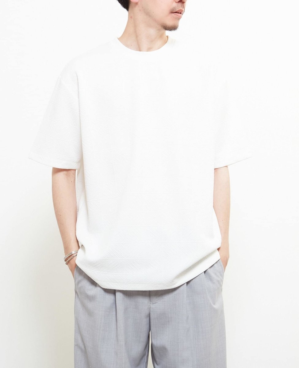 MEN'S MELROSE 【MASTER FRAME/マスターフレーム】薄ふくれジャガードクルーネックTシャツ ｜ スクエア柄 メンズメルローズ トップス カットソー・Tシャツ ホワイト ネイビー ベージュ
